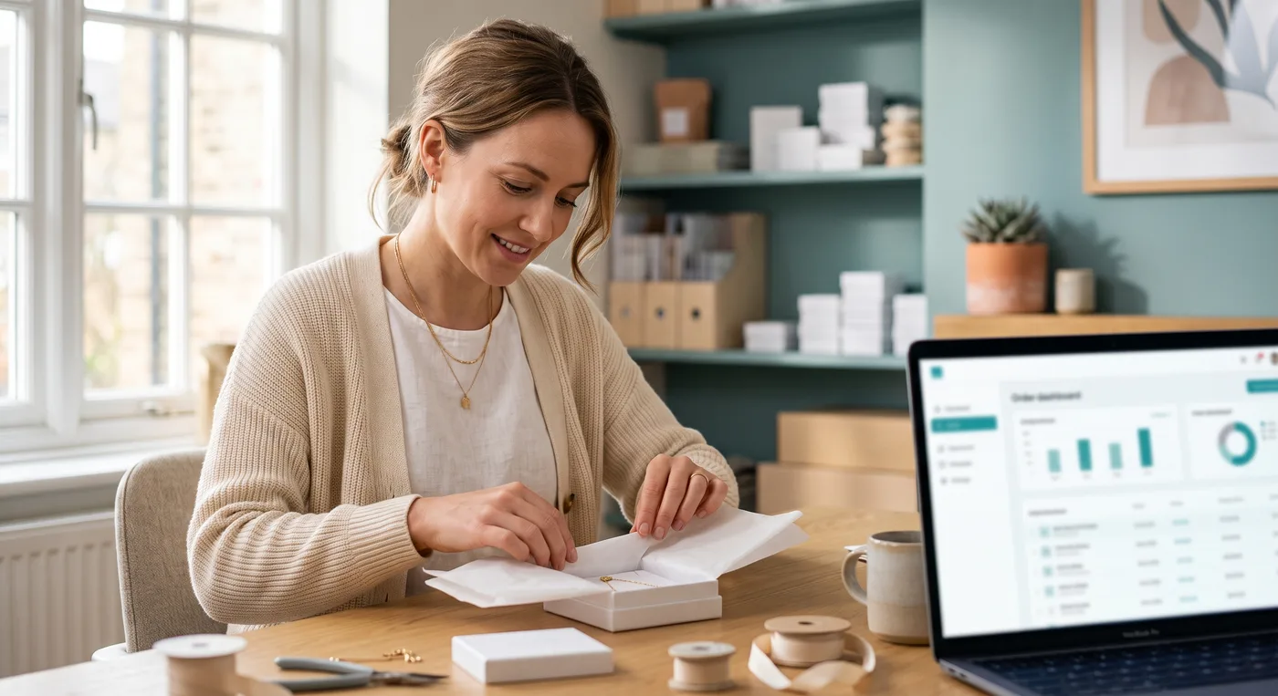 An online jewellery shop owner packing an order