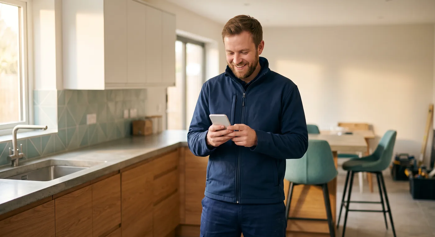 A kitchen fitter reading a new enquiry on his phone