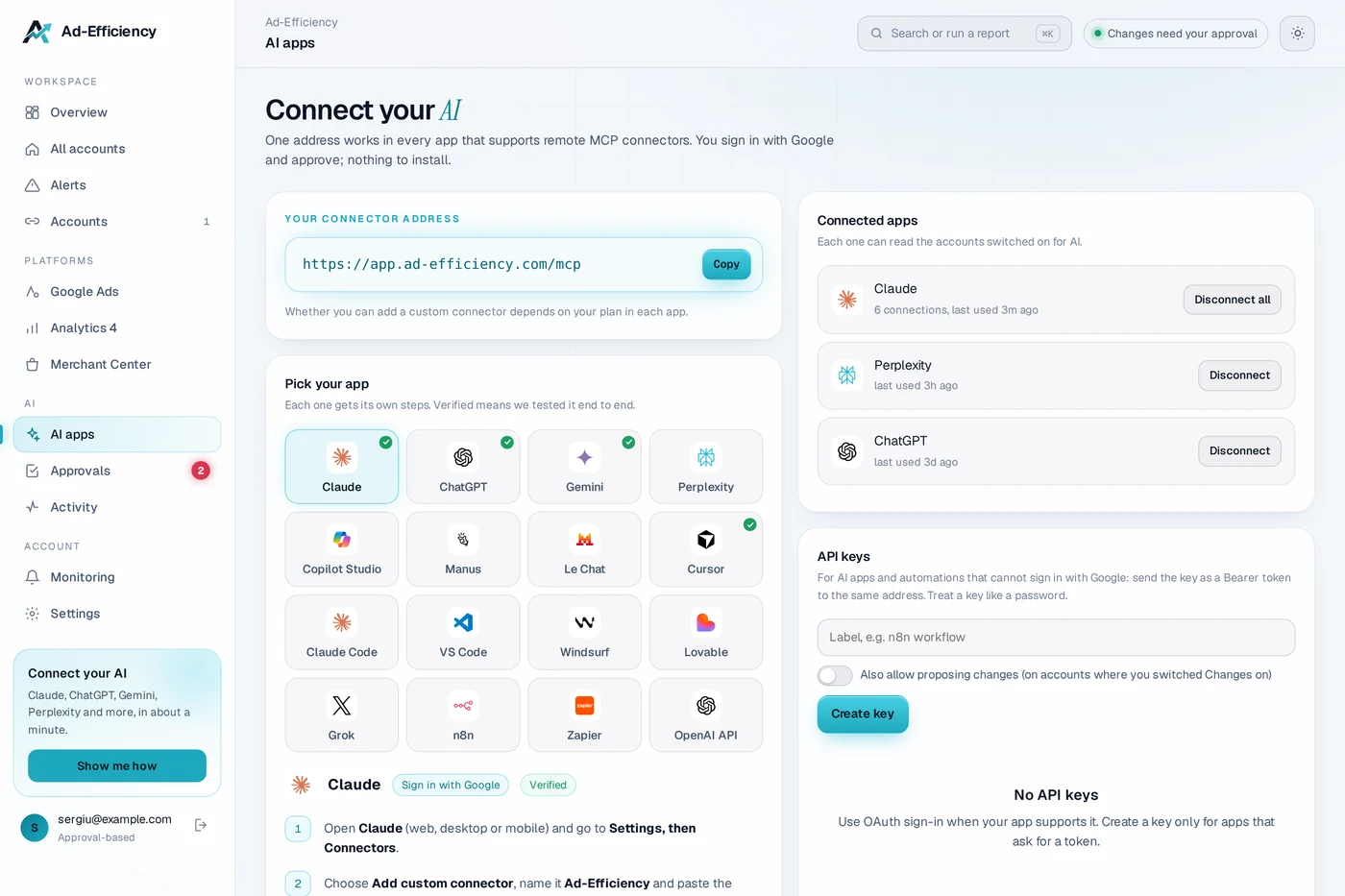 AI apps page with the supported AI apps and their own setup steps