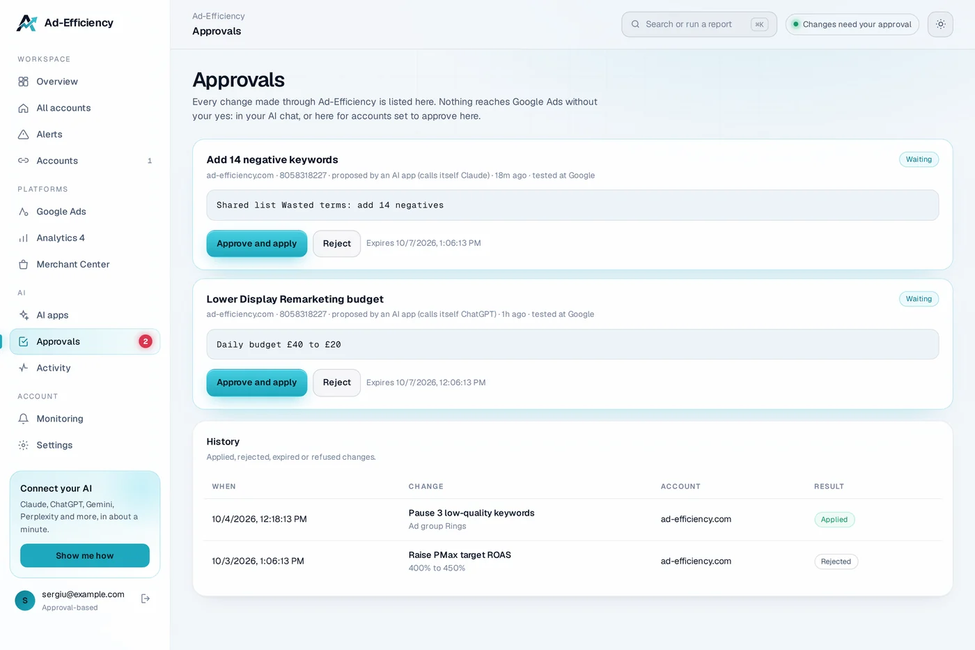 Approvals page with two changes proposed by AI apps, waiting for a yes